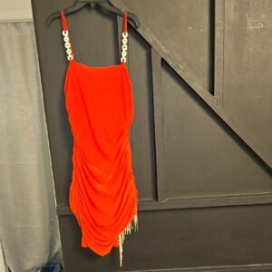 Stunning Neon Orange Ruched Dress with Chain Straps